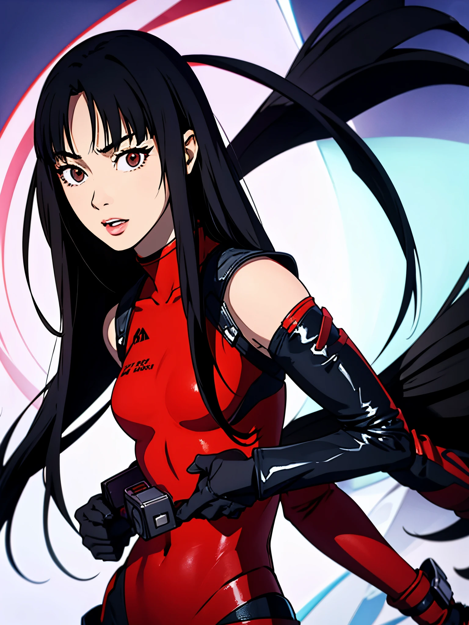 digital art drawing, illustration of (anime girl, long black hair with bangs, brown eyes, flat chest, confident look, black and red latex suit, tactical wear), anime drawing/art, bold linework, illustration, digital art, masterpiece, flat illustration, no shadows, 8k resolution, high detail, vector art, only anime, perfect eyes, perfect hands, perfect fingers, sharpness, high clarity, medium close up, high fidelity
