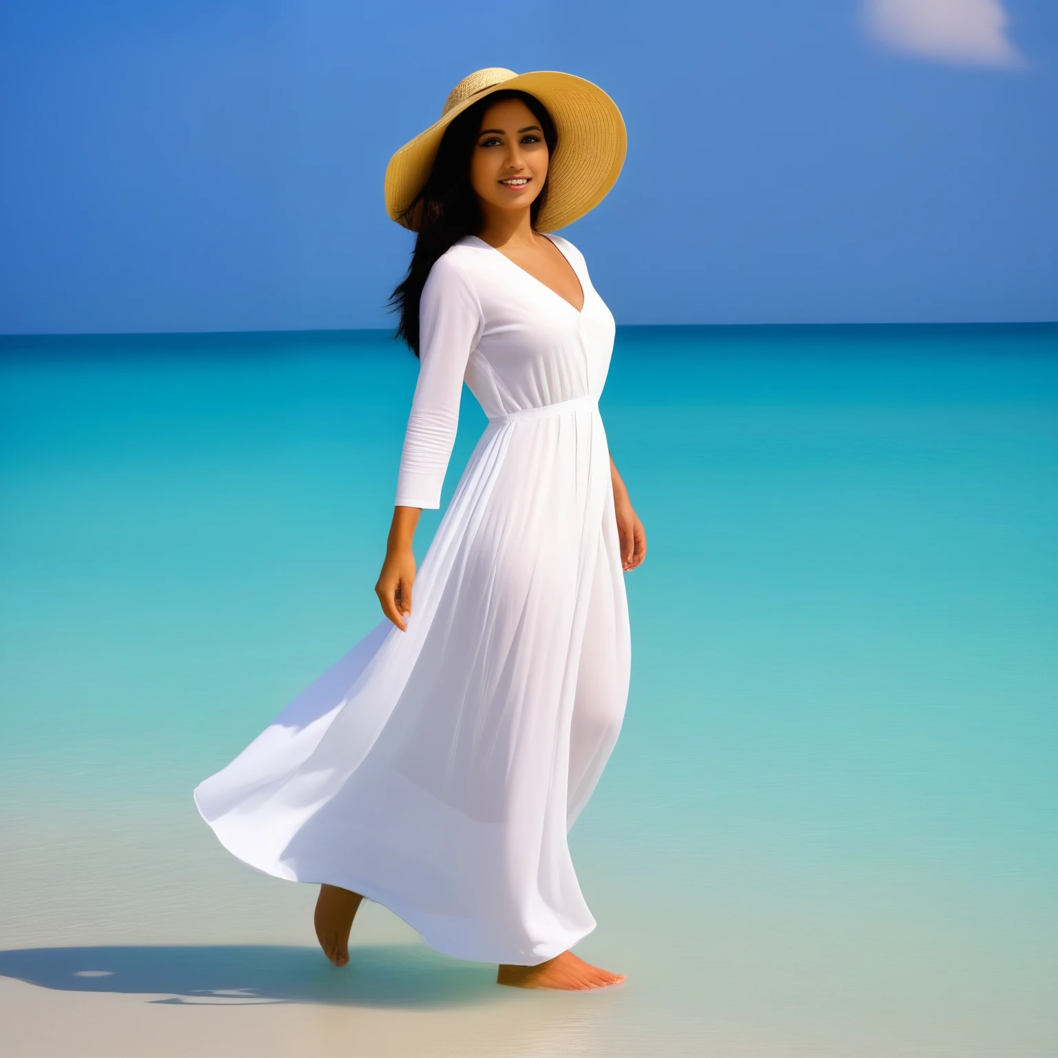 Location: Maldives Model's Ethnicity: South Asian Attire: Flowing white maxi dress with a wide-brimmed sunhat Physical Appearance: Long, dark hair with soft waves, medium build Action: Walking barefoot along the water's edge, holding her hat to keep it from blowing away in the breeze