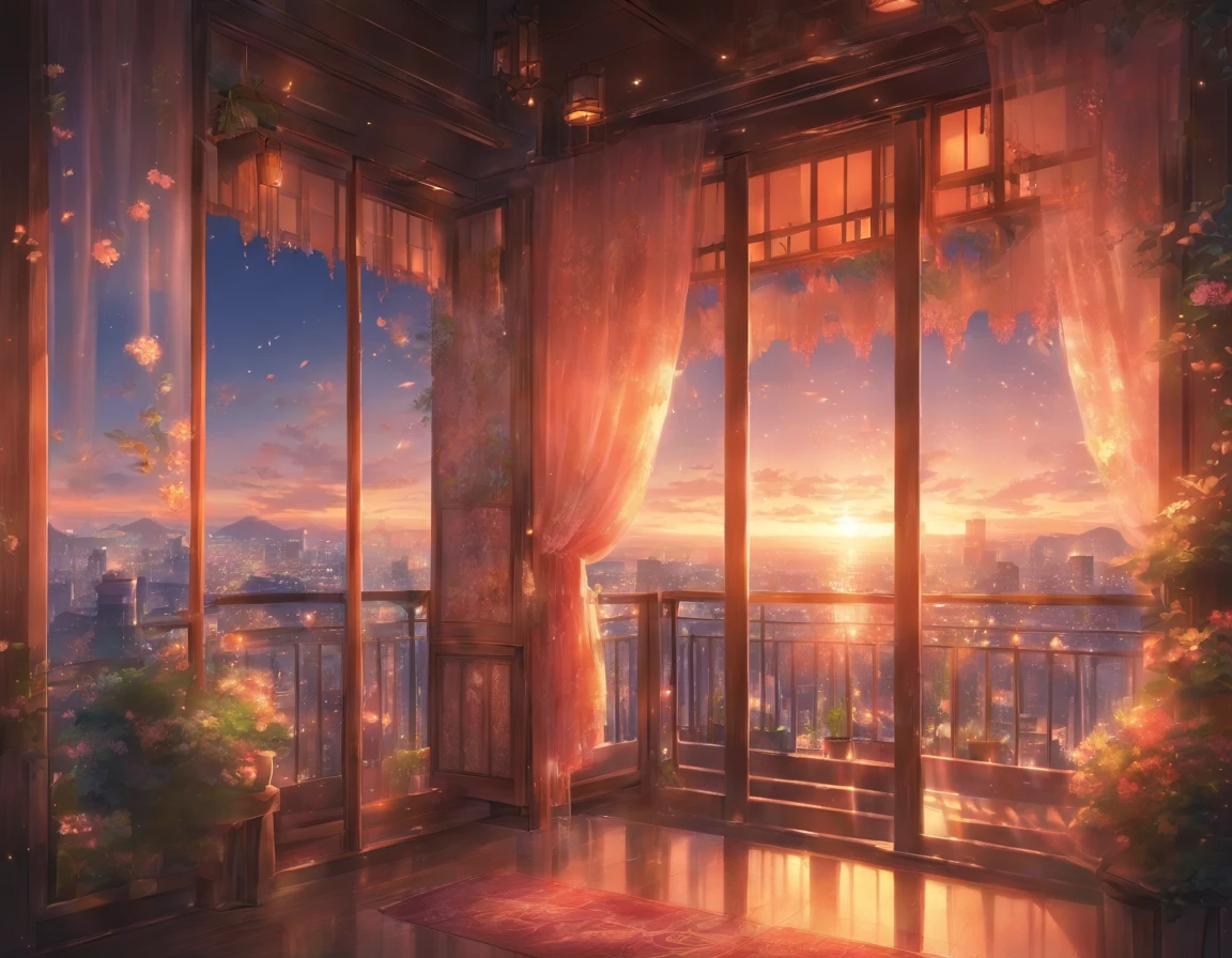 The room is in delicate tones.、The balcony door is open、The tulle is swaying in the wind、The balcony offers beautiful city views.