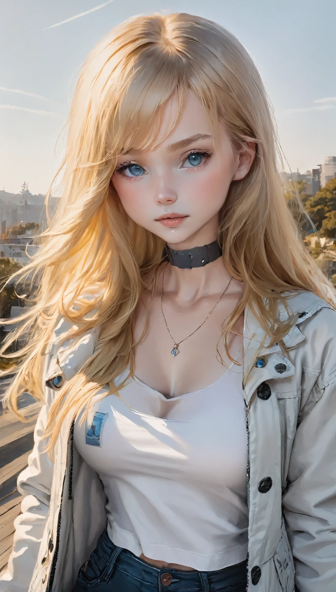 1 girl, Medium chest, Blonde Hair, Long Hair, Wavy Hair, Grey Eyes, Outdoor, White jacket, choker, Tank top, jeans