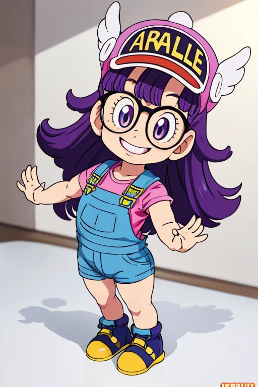 Norimaki Arale, Purple Hair, Round Lens, Sexy Body, low length，Very flat chest，Small Ass，Thin thighs，Full body image, Perfect Face, Big eyes, Perfect Eyes, Have, Tight clothing, Denim overalls，Perfect hands, Better lighting，Wing Hat, Wing Cover, With a smile,