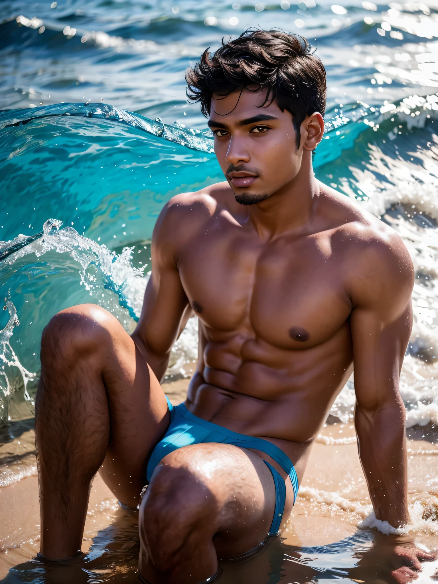 (1boy, photorealistic:1.4, ultra realistic, masterpiece:1.2, best quality, 4k, 8k) beautiful full body photograph of a 21-year-old Indian male laying on the shore amongst the crashing waves wearing only a sheer blue swim brief, slim athletic body build, playful expression, intimate moments, delicate skin, detailed face, ultra realistic skin, youthful innocence, shot on Nikon d850 50mm, dlsr, RAW, photo studio lighting, 3 point lighting, flash with soft box, (blue colored theme throughout image)