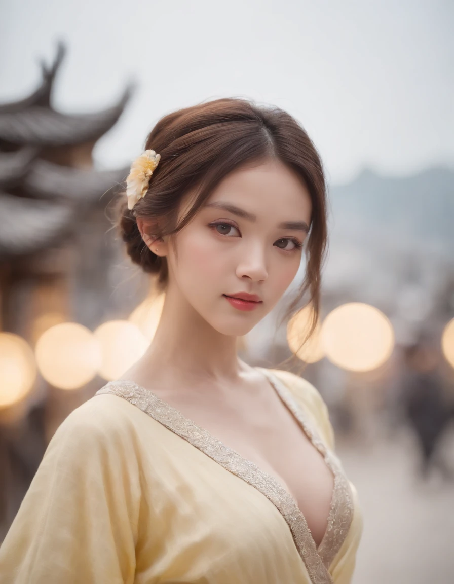 polaroid photo, , 1girl,  dynamic composition, engaging pose, soft yet striking lighting, shallow depth of field, bokeh from city lights, sharp details, highly detailed, hyper-realistic, 50mm lens, naturally blurred background,(hanfu, tang style outfits, white upper shan, multicolour chest po skirt, yellow waistband), naked, nude, beautiful breast