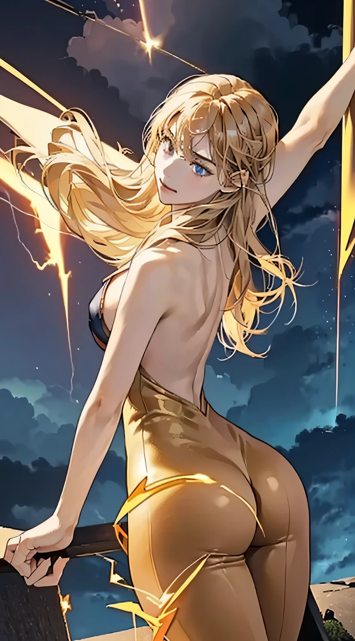 最high quality、Best image quality、masterpiece、With a girl((18-year-old、Best Bust、Large bast、D-cup  with firmness、Spread your legs、Beautiful golden eyes、Spread your  wide,Blonde long hair、Slender、Big Valley、Gold ,Show the whole body、Open your arms、Gold ring on wrist、Shoots lightning from hands、Backward view、turn around、Accentuate your )）high quality、Beautiful art、background((Night Sky、Black Cloud、lightning、Intense thunder、Lightning strikes、Red Thunder、Blue lightning、Gold Thunder)))Tabletop、Visual Arts、Depth of written boundary、Night Sky
