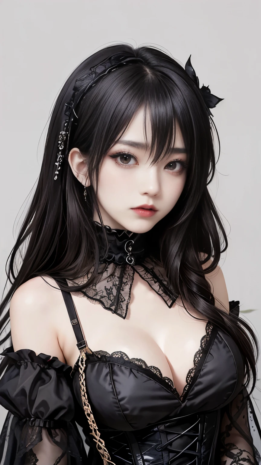 Female figure, She wears intricate Visual Kei Gothic ta outfits.,Gothic Makeup, The perfect blend of elegance and rebelliousness. His outfit features a gorgeous lace combination.., corset, Elaborate accessories, A Victorian top hat adorns his head.., Ornately decorated. dark, Hair cascading down to the shoulders, exuding a mysterious atmosphere. Dark eyeliner makes your eyes stand out, Complete the avant-garde look. This woman is the embodiment of visual kei gothic loli、It creates a theatrical and decadent atmosphere.., Challenging traditional fashion norms with a captivating androgynous look.,Beautiful girls,Goth