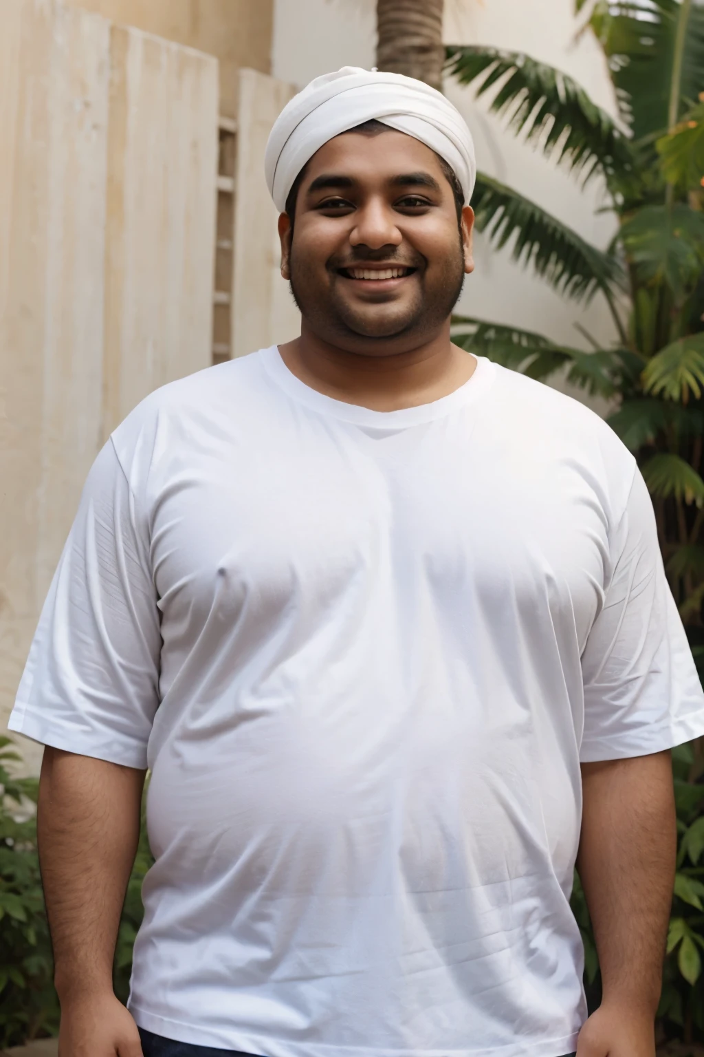fat indian man wearing a white tshirt smiling