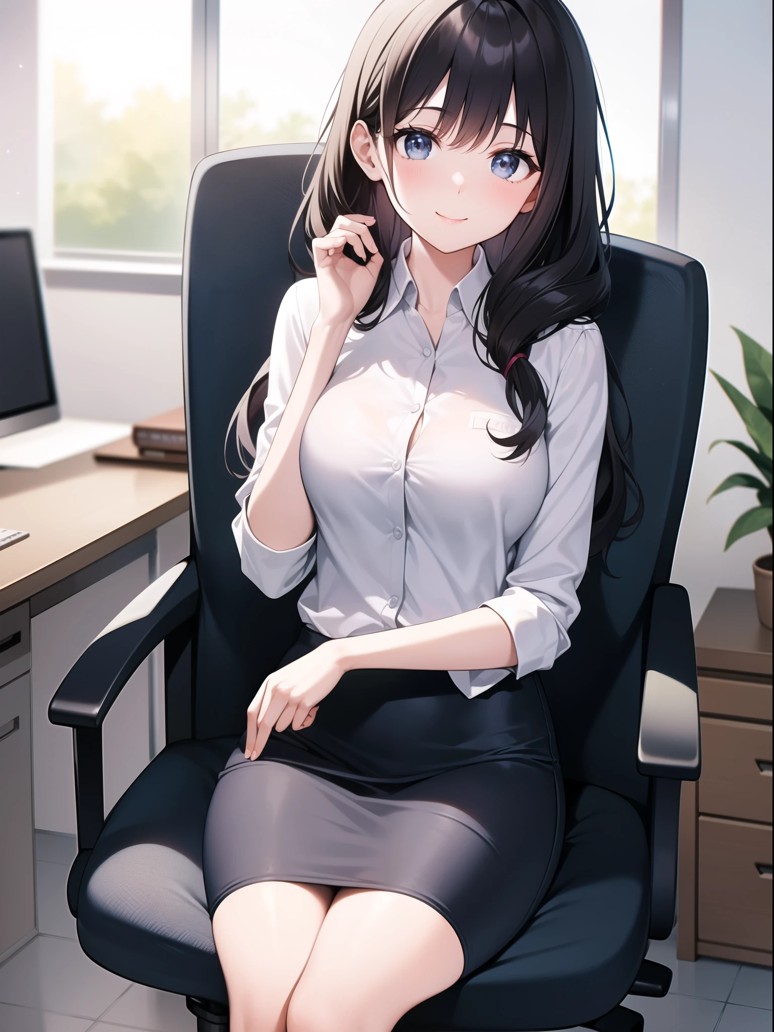 Young woman in office uniform smiling at the camera。She was wearing a white blouse and a dark blue tight skirt.、Straight hair down to the shoulders。In a corner of the office、A chair with a backrest and a desk are visible in the background.。The room is bright、She places her hands on the counter and twists her body slightly.。The overall atmosphere is clean and professional.。