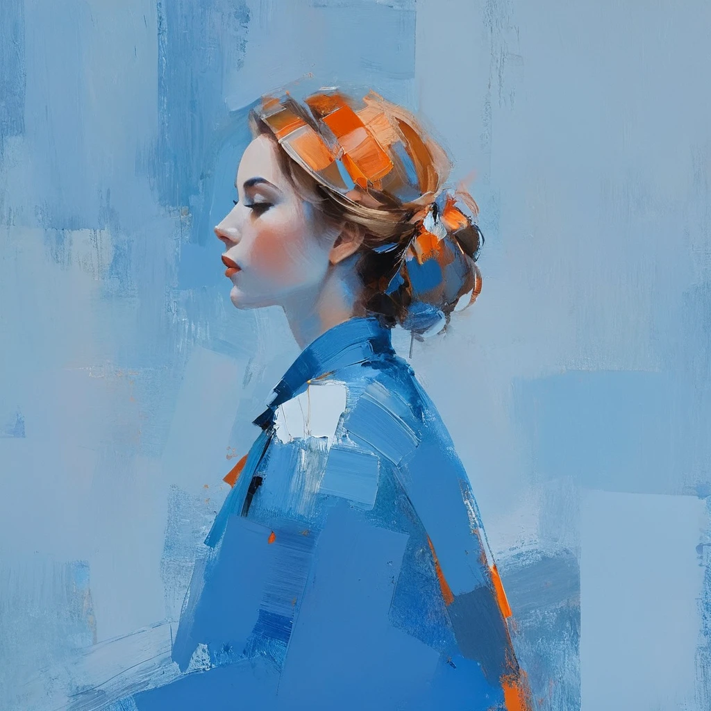 Create a serene profile portrait with the subject facing left. Use a vibrant color palette of blues, reds, and oranges. The background should be minimalistic in cool blue tones. Employ bold, visible brush strokes and the impasto technique for texture. Blend realism with abstraction, emphasizing strong contrasts and dynamic color blocking. Aim for a modern, contemplative feel. Apply the paint to the canvas with a firm, decisive motion, allowing it to sit thickly on the surface. Vary the direction and length of your strokes to create an interesting, varied texture.