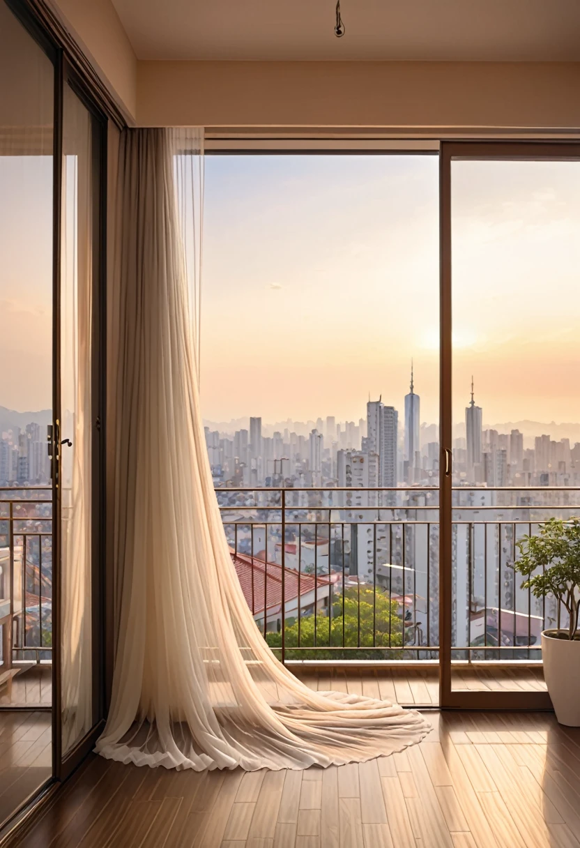 The room is in delicate tones.、The balcony door is open、The tulle is swaying in the wind、The balcony offers beautiful city views.