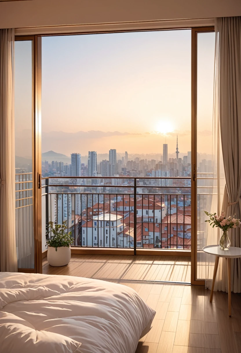 The room is in delicate tones.、The balcony door is open、The tulle is swaying in the wind、The balcony offers beautiful city views.
