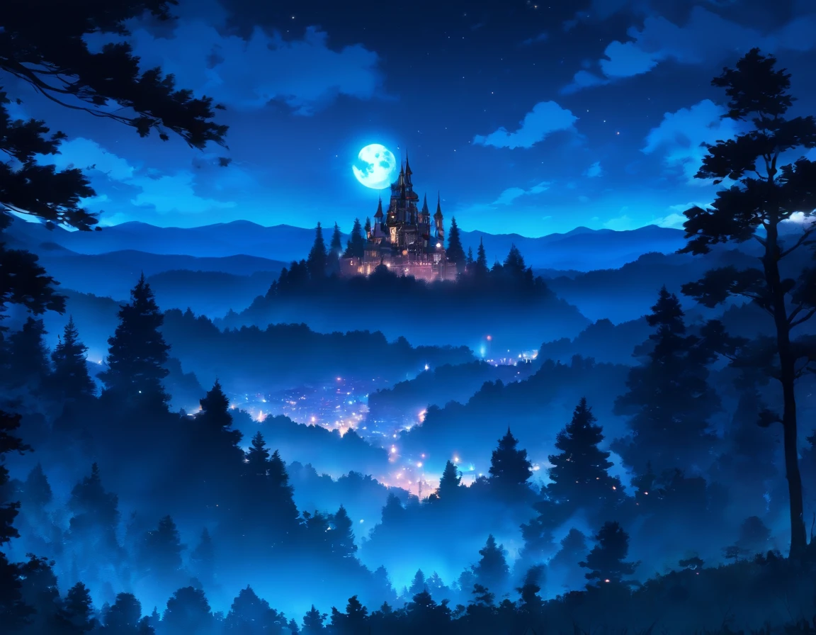 At night the black forest is illuminated by the moon、In the distance there is a black castle with bats flying