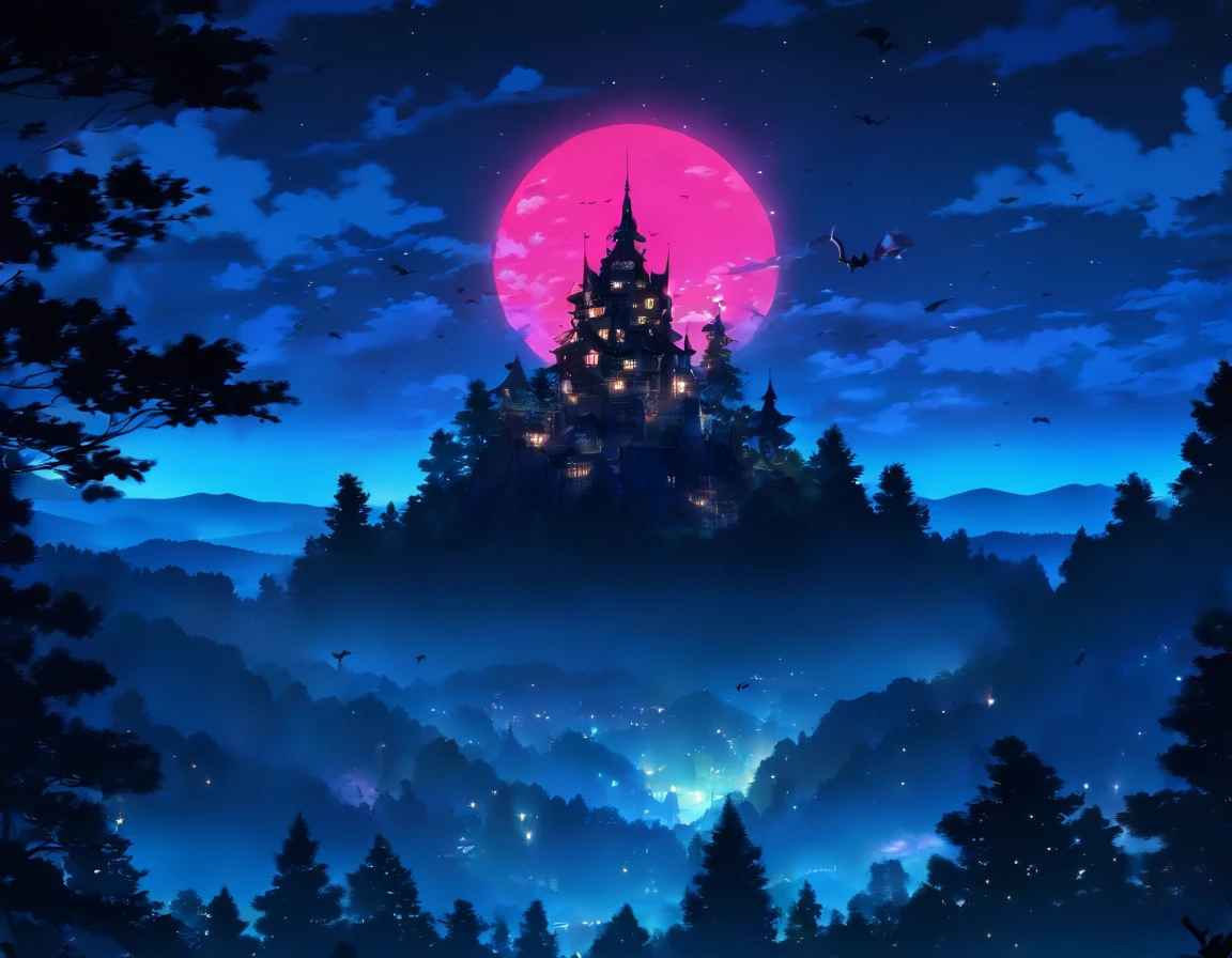 At night the black forest is illuminated by the moon、In the distance there is a black castle with bats flying
