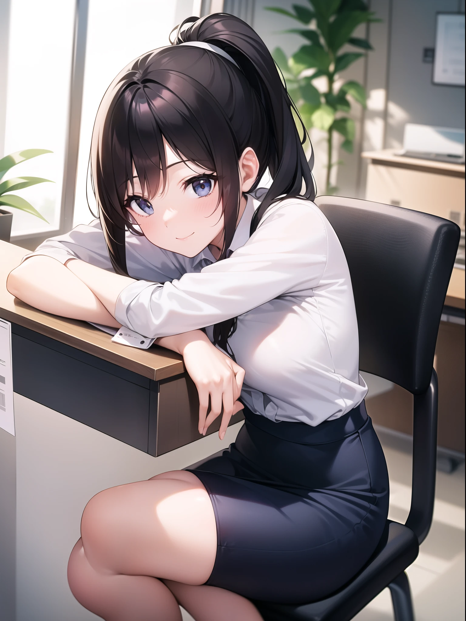 Young woman in office uniform smiling at the camera。She was wearing a white blouse and a dark blue tight skirt.、Straight hair down to the shoulders。In a corner of the office、A chair with a backrest and a desk are visible in the background.。The room is bright、She places her hands on the counter and twists her body slightly.。The overall atmosphere is clean and professional.。