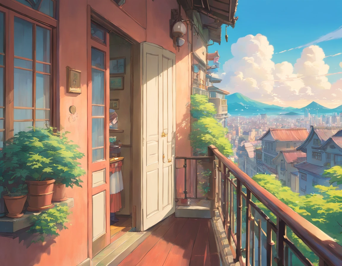 The room is in delicate tones.、The balcony door is open、The tulle is swaying in the wind、The balcony offers beautiful city views.