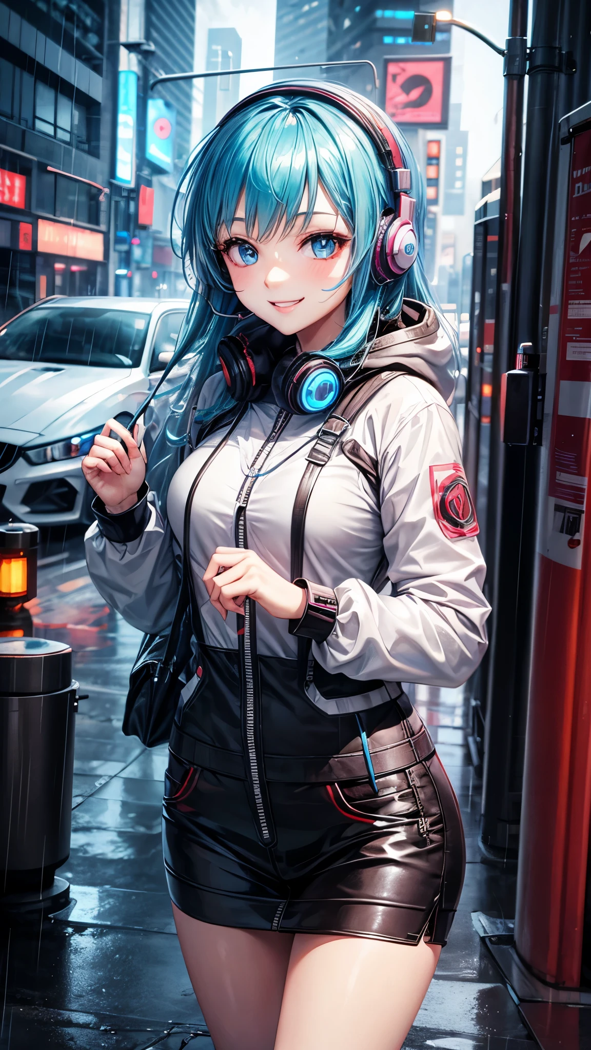 Anime girl with cute smile cyberpunk , 8K UHD, High Quality, Rainy , YOWU RGB Ear Headphone 3G Wireless LED.