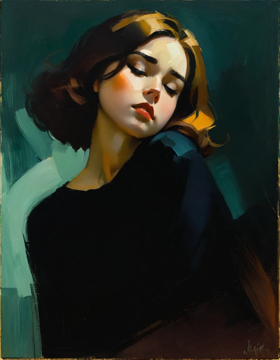 Create an evocative oil painting inspired by Malcolm Liepke, based on the provided image. Capture the intense, introspective expression of the young subject using thick, Incorporate earthy tones, deep blues, and warm browns to create a harmonious and inviting composition. Highlight the emotional depth and vulnerability in the subject's gaze, emphasizing the play of light and shadow on their face. Maintain a simple, textured background that complements the subject's contemplative presence. Focus on the tactile quality of the oil paint to convey the raw emotion and intimacy characteristic of Liepke's style.