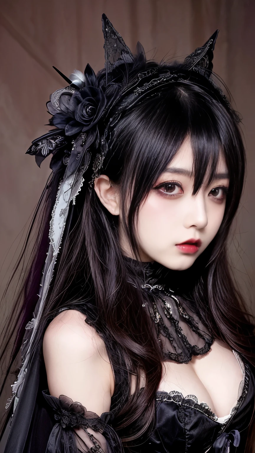 Female figure, She wears intricate Visual Kei Gothic ta outfits.,Gothic Makeup, The perfect blend of elegance and rebelliousness. His outfit features a gorgeous lace combination.., corset, Elaborate accessories, A Victorian top hat adorns his head.., Ornately decorated. dark, Hair cascading down to the shoulders, exuding a mysterious atmosphere. Dark eyeliner makes your eyes stand out, Complete the avant-garde look. This woman is the embodiment of visual kei gothic loli、It creates a theatrical and decadent atmosphere.., Challenging traditional fashion norms with a captivating androgynous look.,Beautiful girls,Goth