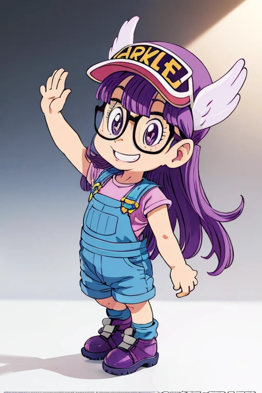 Norimaki Arale, Purple Hair, Round Lens, Sexy Body, low length，Very flat chest，Small Ass，Thin thighs，Full body image, Perfect Face, Big eyes, Perfect Eyes, Have, Tight clothing, Denim overalls，Perfect hands, Better lighting，Wing Hat, Wing Cover, With a smile,