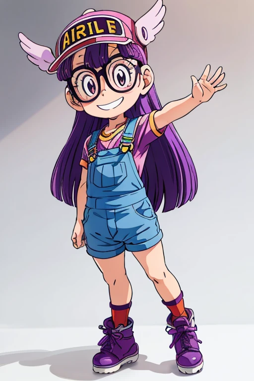 Norimaki Arale, Purple Hair, Round Lens, Sexy Body, low length，Very flat chest，Small Ass，Thin thighs，Full body image, Perfect Face, Big eyes, Perfect Eyes, Have, Tight clothing, Denim overalls，Perfect hands, Better lighting，Wing Hat, Wing Cover, With a smile,