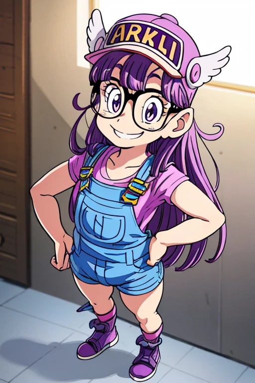 Norimaki Arale, Purple Hair, Round Lens, Sexy Body, low length，Very flat chest，Small Ass，Thin thighs，Full body image, Perfect Face, Big eyes, Perfect Eyes, Have, Tight clothing, Denim overalls，Perfect hands, Better lighting，Wing Hat, Wing Cover, With a smile,