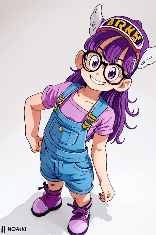 Norimaki Arale, Purple Hair, Round Lens, Sexy Body, low length，Very flat chest，Small Ass，Thin thighs，Full body image, Perfect Face, Big eyes, Perfect Eyes, Have, Tight clothing, Denim overalls，Perfect hands, Better lighting，Wing Hat, Wing Cover, With a smile,