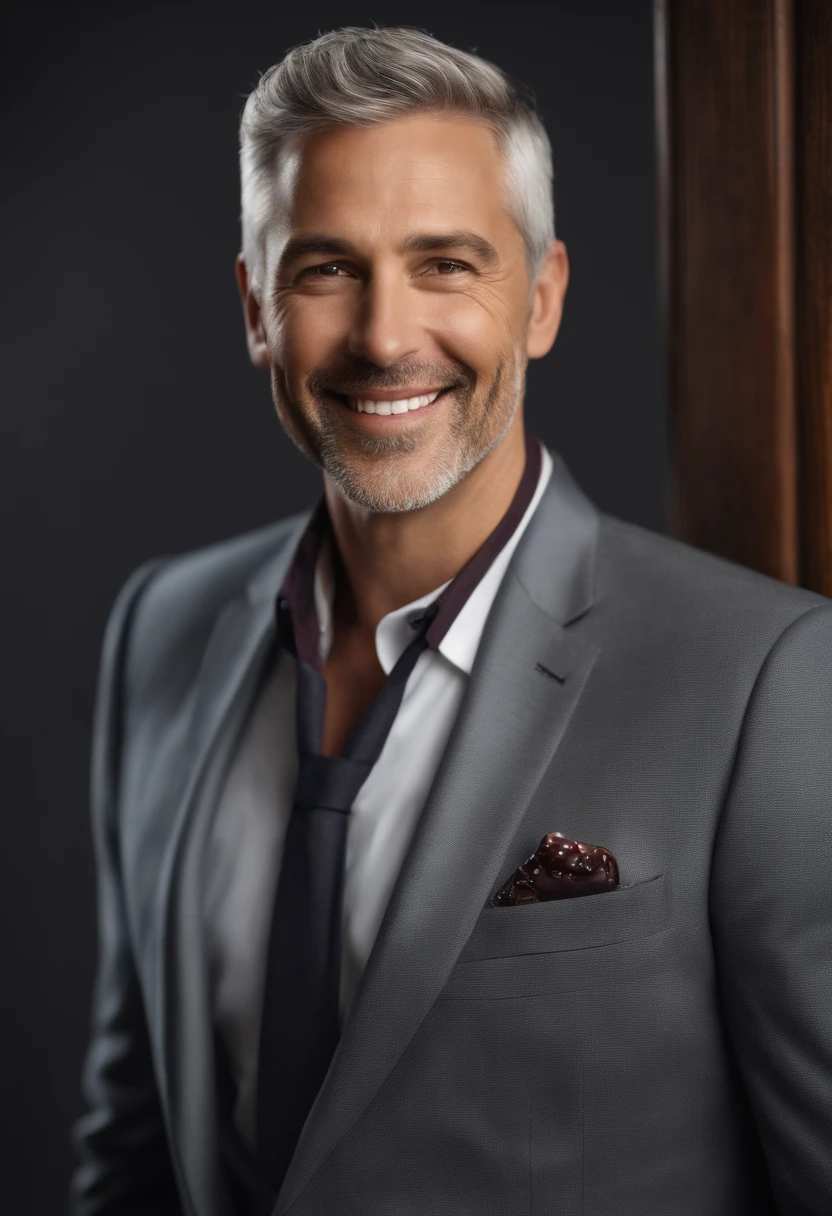 (photo-realistic:1.37),40-year-old man with short and formal gray hair, clean-shaven, portrait, smiling, in a suit
