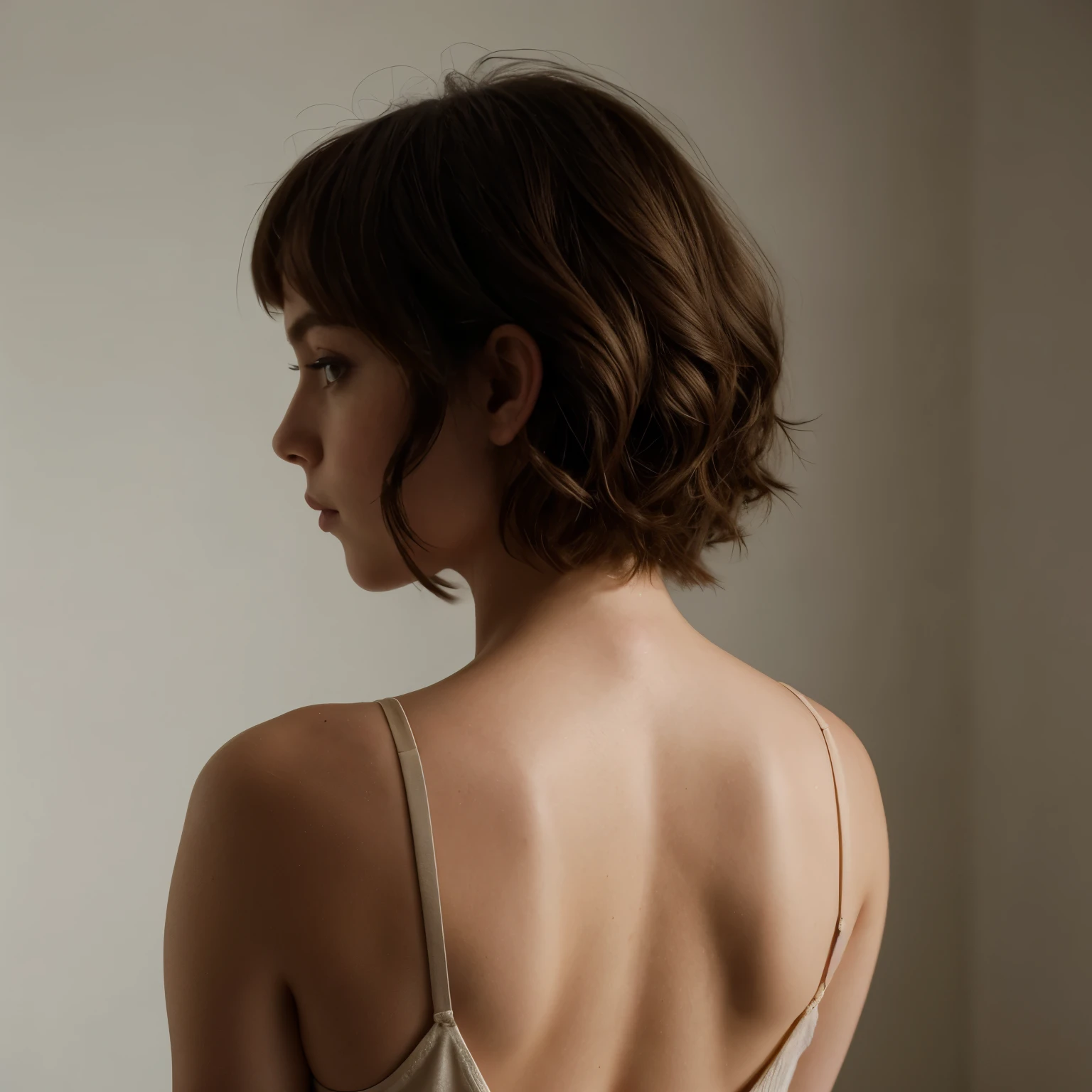 Thick brunette Irish woman, Sophia Lillis, , strong lighting with shadows, small breasts, looking back over her shoulder at the viewer, portrait pose