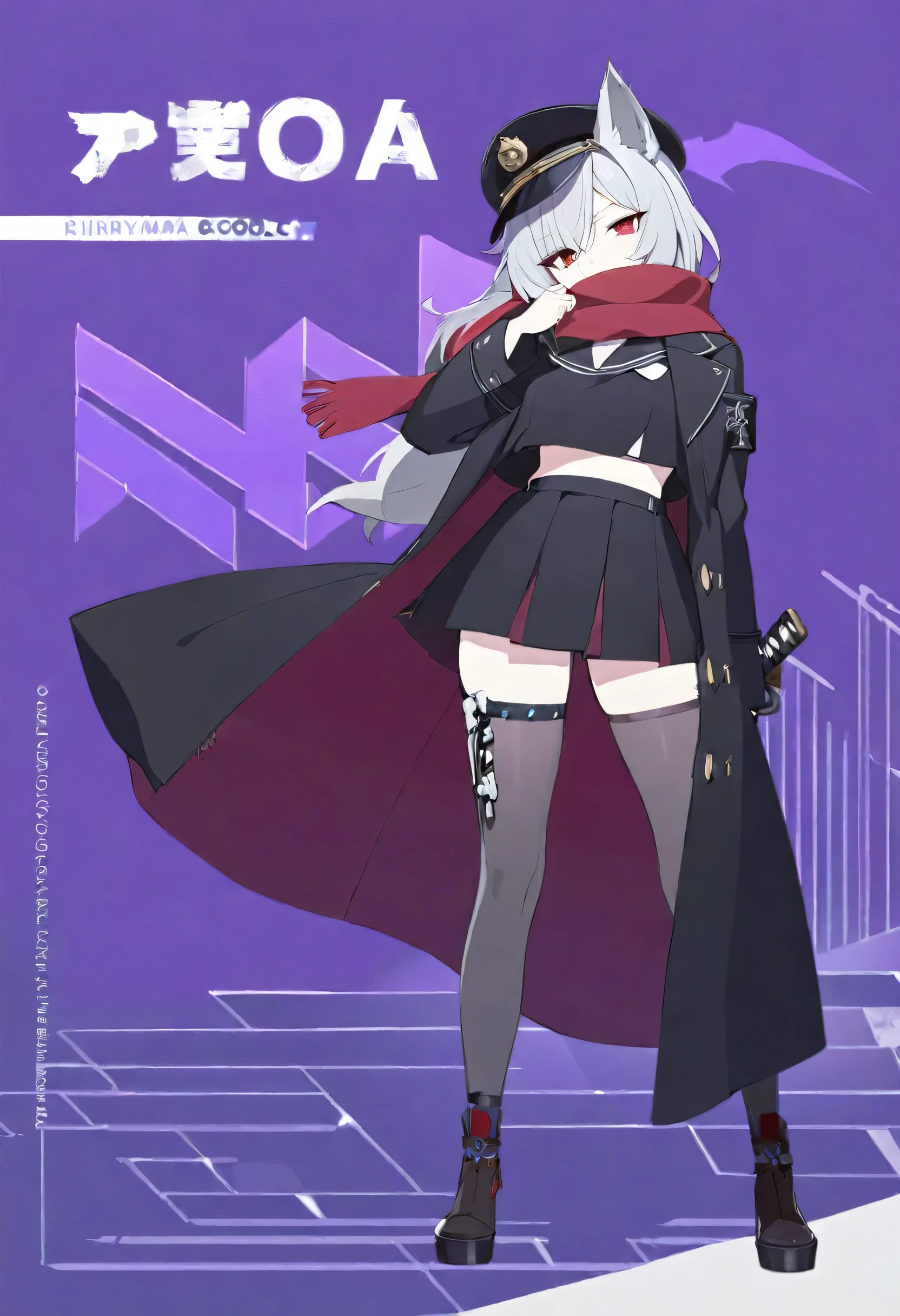 One Girl,whole body,Are standing,high school student,Concept Art,Grey Hair,Black long coat over sailor suit,Wearing a coat,Black muffler,Hiding your mouth with a scarf,Red eyes,Wolf Ears,Wolf Tail,cool,dark,Beauty,Stylish black sailor suit,Rin々Funny face,18-year-old,Stylish,Height: 170cm,Bangs that extend between the eyes,Shortcuts,Long sleeves,first round,Leg Garter Ring,Belted stockings,Toned body,Medium chest,Carnal breasts,Cool eyes,Japanese style,Lateral bangs,half cut,black,Slanted Eyes,cool,peaked cap,One ear is covered by a hat,He carries a Japanese sword on his waist.,Western-style long coat,Bone ornament,Wolf Cut,Wolf Hair,Half length hair,Hairstyle like a wolf,Short Hair,