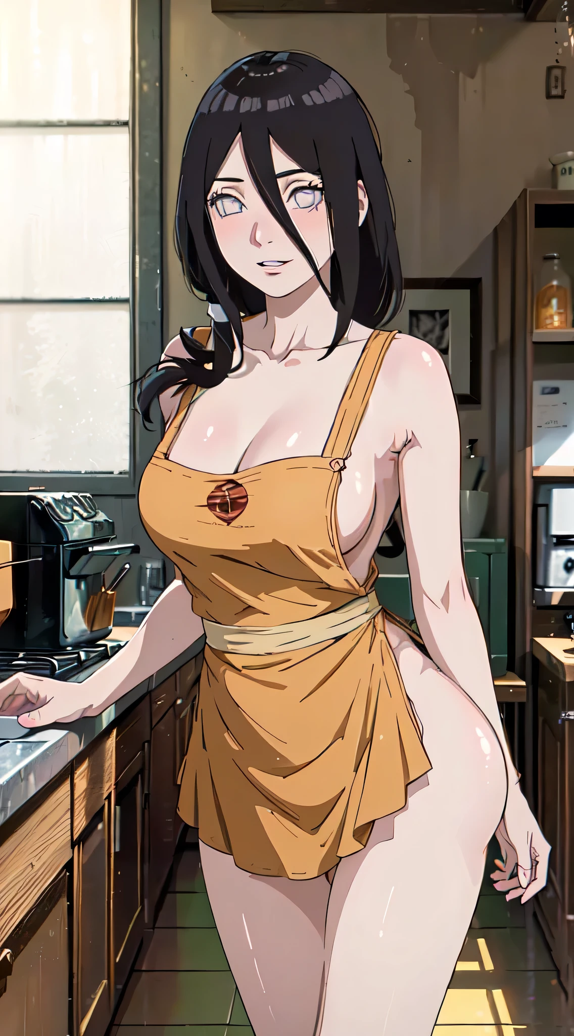 ((((masterpiece, best quality, high resolution)))), 1girl, average breasts, blush, light smile, parted lips, glow, thighs, bare shoulders, collarbone, narrow waist, cleavage, (masterpiece), (beautiful detailed face, beautiful detailed eyes), (naked apron, kitchen), hanabi\(boruto\)