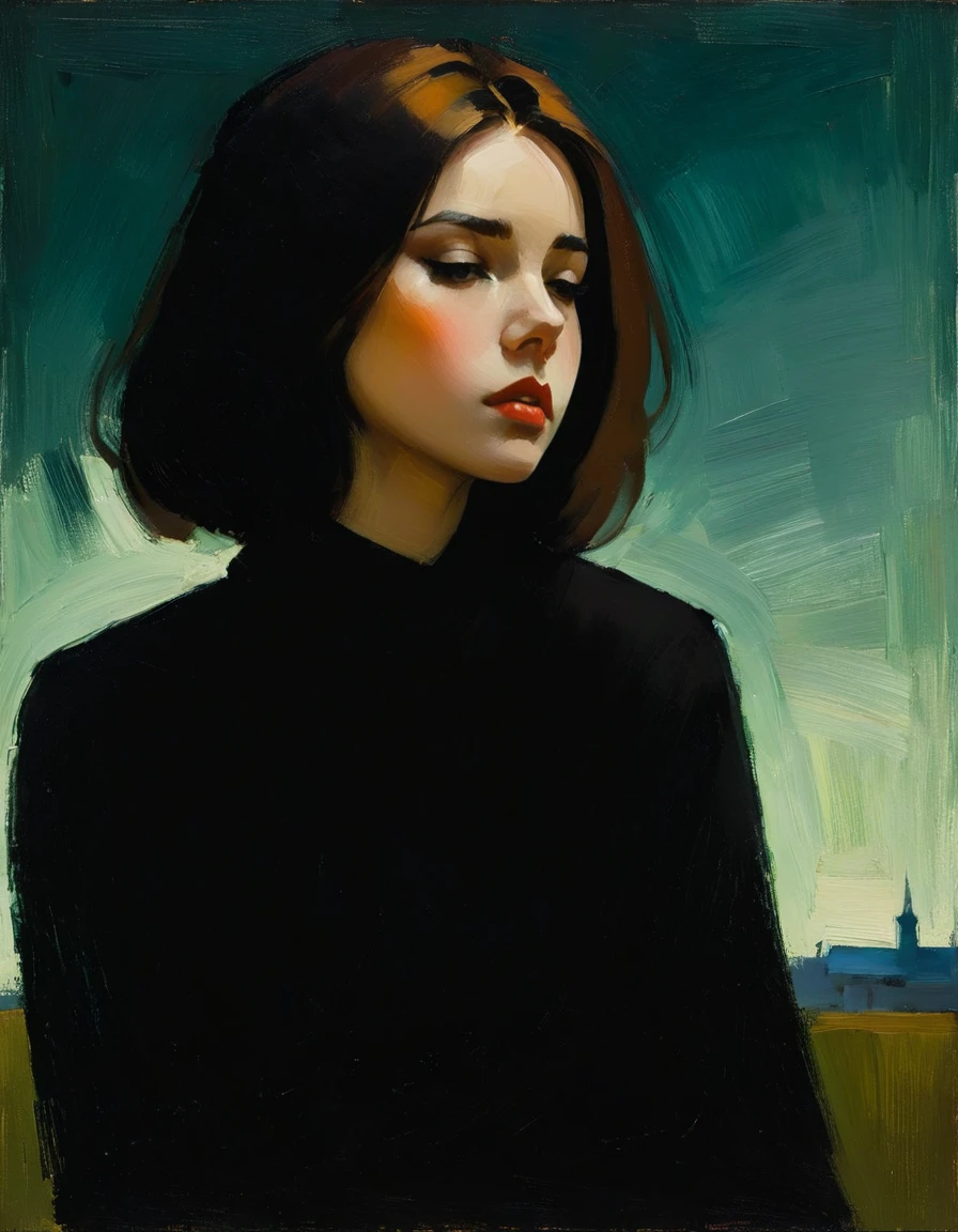 Create an evocative oil painting inspired by Malcolm Liepke, based on the provided image. Capture the intense, introspective expression of the young subject using thick, Incorporate earthy tones, deep blues, and warm browns to create a harmonious and inviting composition. Highlight the emotional depth and vulnerability in the subject's gaze, emphasizing the play of light and shadow on their face. Maintain a simple, textured background that complements the subject's contemplative presence. Focus on the tactile quality of the oil paint to convey the raw emotion and intimacy characteristic of Liepke's style. Aim for a modern, contemplative feel. Apply the paint to the canvas with a firm, decisive motion, allowing it to sit thickly on the surface. Vary the direction and length of your strokes to create an interesting, varied texture.