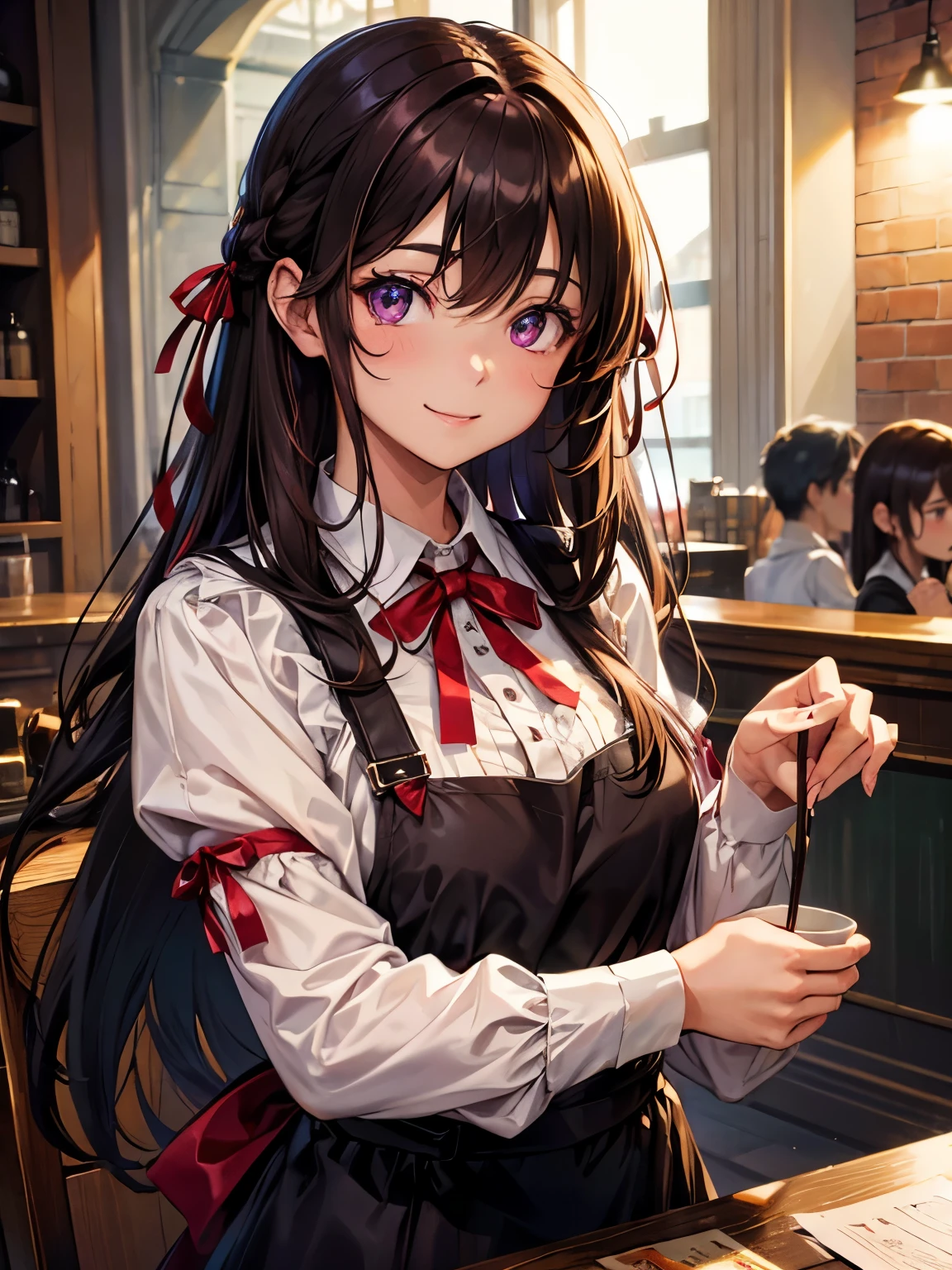 high resolution、Brown Hair Long Hair、Red ribbon、Purple eyes、Cafe clerk costume、waitress、Dark tones、smile, Vibrant colors、Upper body, Delicate depiction、