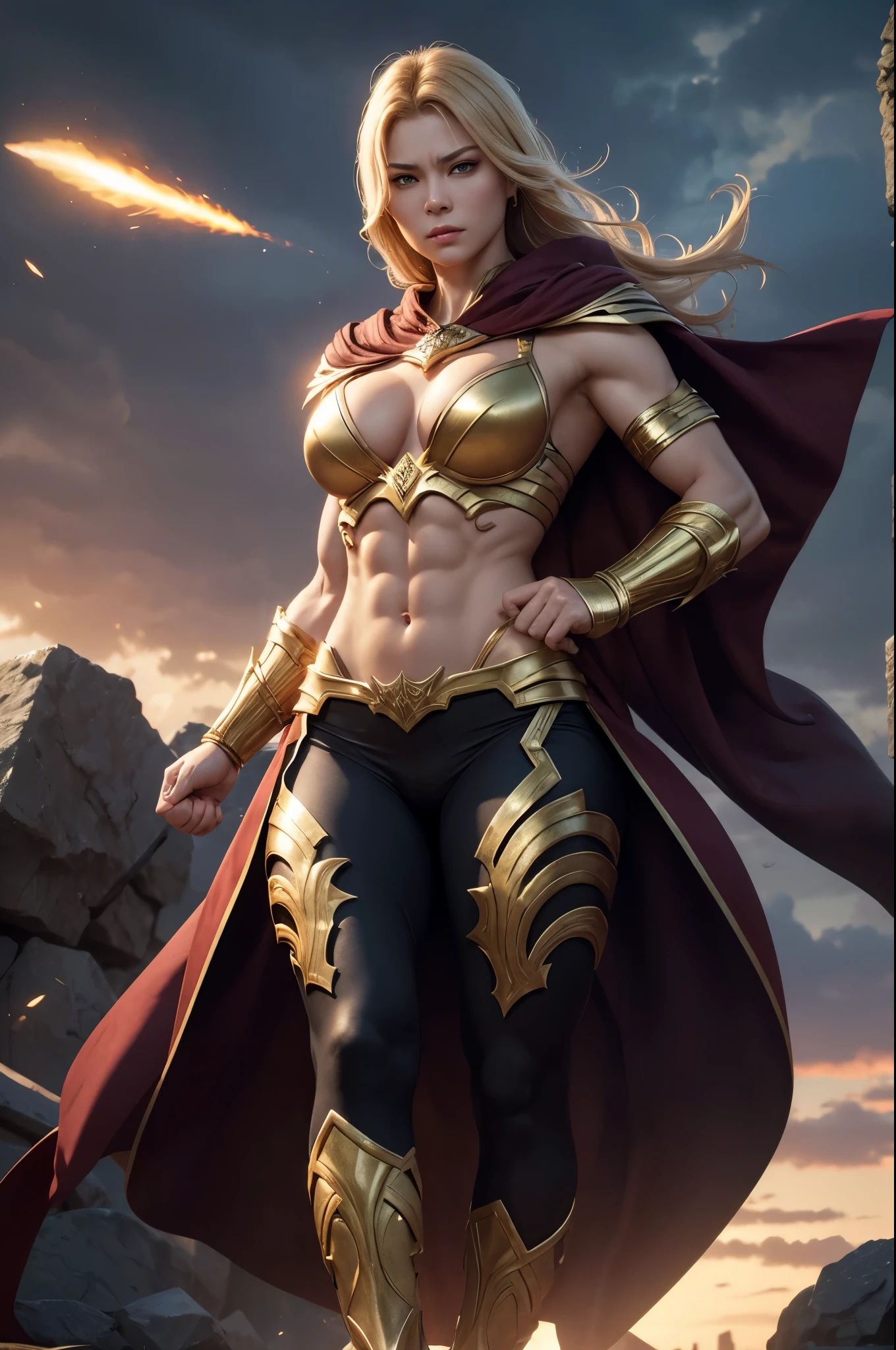 8K,Muscular々Goddess of Destruction,Super Beauty(Like the real thing),bulging muscles,Golden Eyes,Golden shorthair,Gorgeous goddess outfit,Gorgeous Goddess Shorts,Stern expression,Outside the Celestial Palace,Perfect Anatomy,charm,Volume measurement,Body balance,Digital single-lens reflex camera, Soft lighting, Detailed Background, Written boundary depth, Volumetric lighting, Sharp focus, Absurd, Realistic proportions, Excellent anatomy, (Realistic, 超Realistic:1.4), 16K HDR, dawn,A High Resolution,super Realistic 肌,Super beautiful expression,Fantasy art,Character Art,Wind effects:1.9、Cloud Effect:1.2、Full Rendering、Professional quality high resolution、Perfect contrast、Perfect lighting、Perfect composition、Perfect Skin、Perfect Fingers、Perfect breasts、Perfect Hair、Perfect Face、Realistic facial features,super highest quality,Slim figure,Perfect body line,Perfect hand shape,Anatomical body balance,Highly detailed face,Highly detailed eyes,Beautiful Lips,Excellent light particles,Cinema Lighting,Makeup,Ultra-high resolution,Ultra-Realistic Skin,God of Destruction Gauntlet,God of Destruction Leggings,Muscle Body,Hard and strong abs,Golden shorthair,Battle Mode,Ready to fight,Hard Fist,anger,rage,Cloak of the Goddess of Destruction,Overflowing with power,In combat,Heavy Muscle,