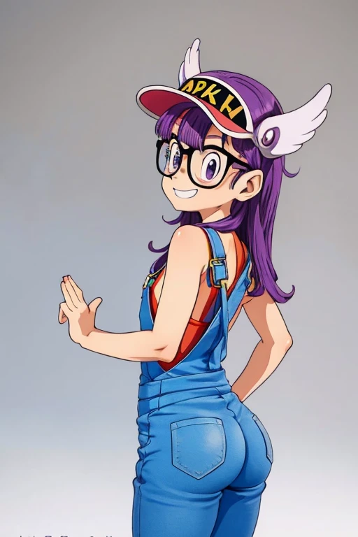 Norimaki Arale, Purple Hair, Round Lens, Sexy Body, low length，Very flat chest，Small Ass，Thin thighs，Full body image, Perfect Face, Big eyes, Perfect Eyes, Have, Tight clothing, Denim overalls，Perfect hands, Better lighting，Wing Hat, Wing Cover, With a smile, back view, spread ass, ass focus, ass zoom in,