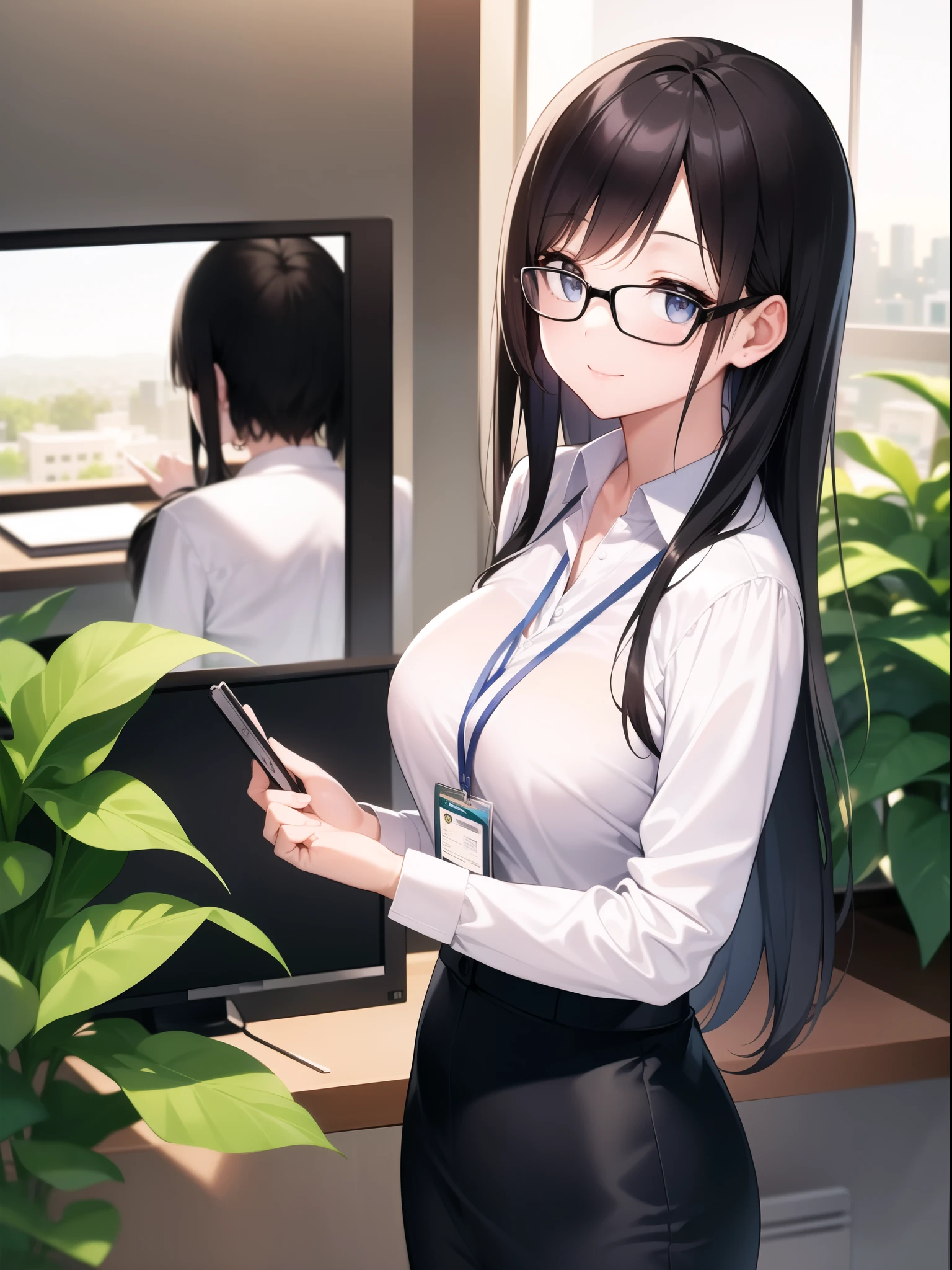 In an office environment、A young woman in a black business suit and white shirt is standing and smiling。She has long black hair、Wear glasses。The employee ID card is hanging on his chest.、In the background you can see a city view from a desk and an office window。The bright lighting and green plants in the office lighten the mood.、Gives a professional yet friendly impression。