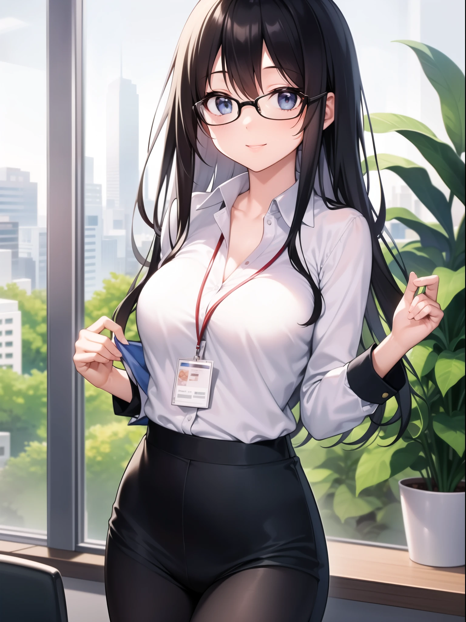 In an office environment、A young woman in a black business suit and white shirt is standing and smiling。She has long black hair、Wear glasses。The employee ID card is hanging on his chest.、In the background you can see a city view from a desk and an office window。The bright lighting and green plants in the office lighten the mood.、Gives a professional yet friendly impression。