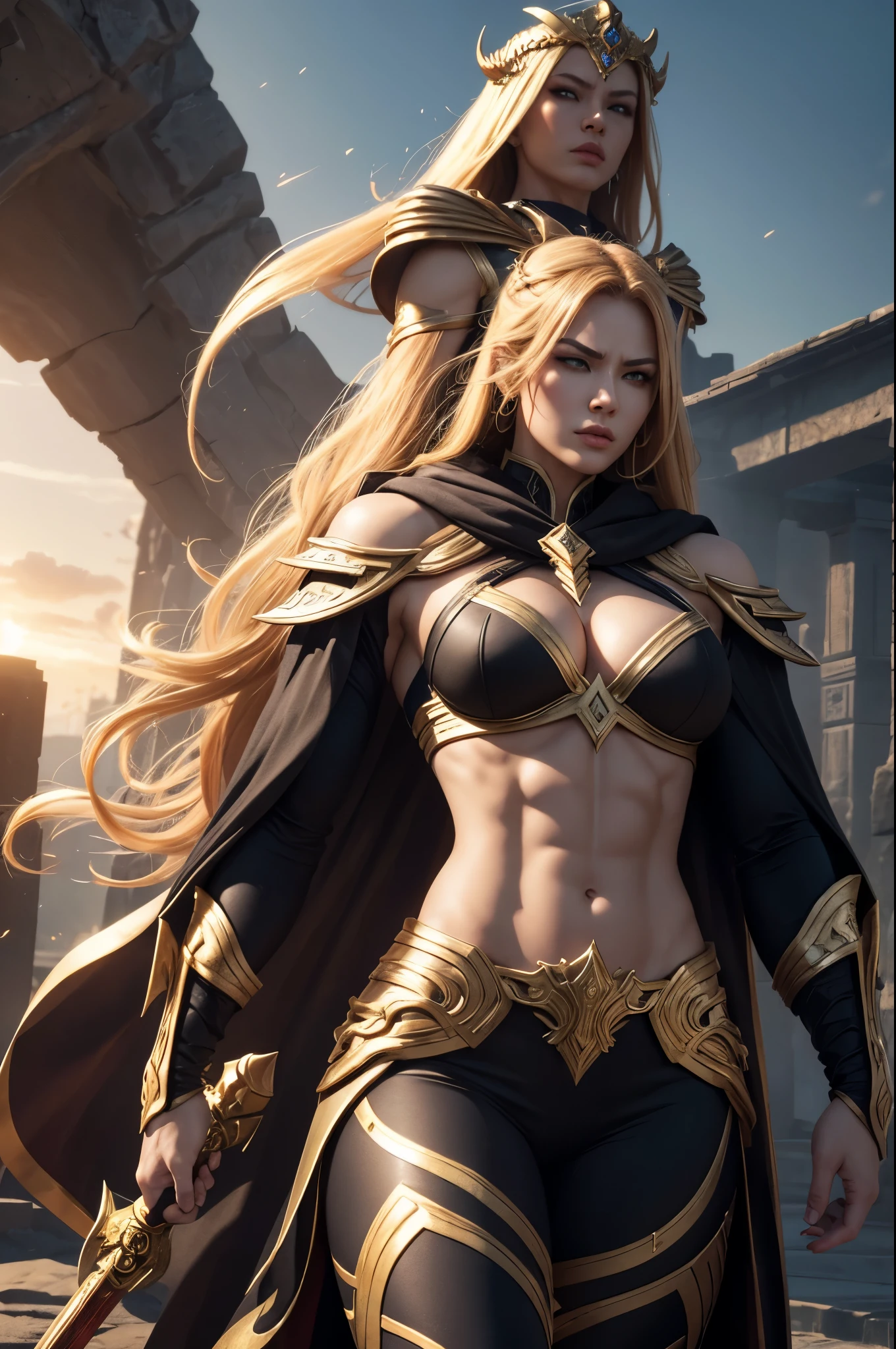 8K,Muscular々Goddess of Destruction,Super Beauty(Like the real thing),bulging muscles,Golden Eyes,Golden shorthair,Gorgeous goddess outfit,Gorgeous Goddess Shorts,Stern expression,Outside the Celestial Palace,Perfect Anatomy,charm,Volume measurement,Body balance,Digital single-lens reflex camera, Soft lighting, Detailed Background, Written boundary depth, Volumetric lighting, Sharp focus, Absurd, Realistic proportions, Excellent anatomy, (Realistic, 超Realistic:1.4), 16K HDR, dawn,A High Resolution,super Realistic 肌,Super beautiful expression,Fantasy art,Character Art,Wind effects:1.9、Cloud Effect:1.2、Full Rendering、Professional quality high resolution、Perfect contrast、Perfect lighting、Perfect composition、Perfect Skin、Perfect Fingers、Perfect breasts、Perfect Hair、Perfect Face、Realistic facial features,super highest quality,Slim figure,Perfect body line,Perfect hand shape,Anatomical body balance,Highly detailed face,Highly detailed eyes,Beautiful Lips,Excellent light particles,Cinema Lighting,Makeup,Ultra-high resolution,Ultra-Realistic Skin,God of Destruction Gauntlet,God of Destruction Leggings,Muscle Body,Hard and strong abs,Golden shorthair,Battle Mode,Ready to fight,Hard Fist,anger,rage,Cloak of the Goddess of Destruction,Overflowing with power,In combat,Heavy Muscle,