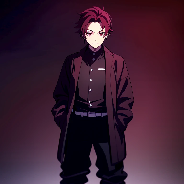 1boy, young, tall, lean, muscular, black to maroon hair, dark red eyes, black shirt, baggy black pants, sandals, baggy white jacket, hands in pockets, relaxed, happy, standing, illustrations, best quality, 4k, highres, realistic, portraits, vivid colors, warm tones, soft lighting