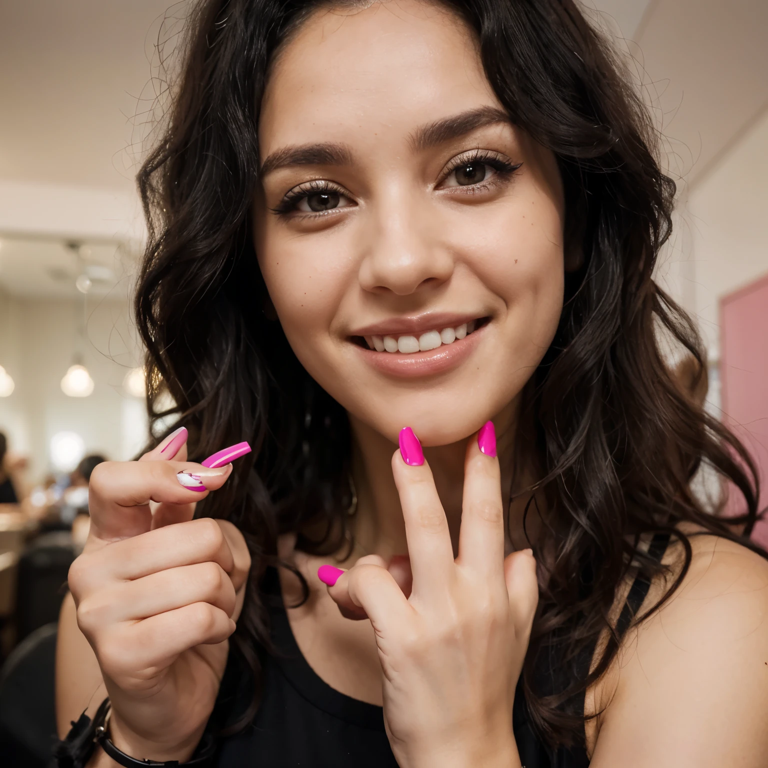 A lady with black curly hair with black eyes with a smile on her face and a pretty pink face holding nail accessories