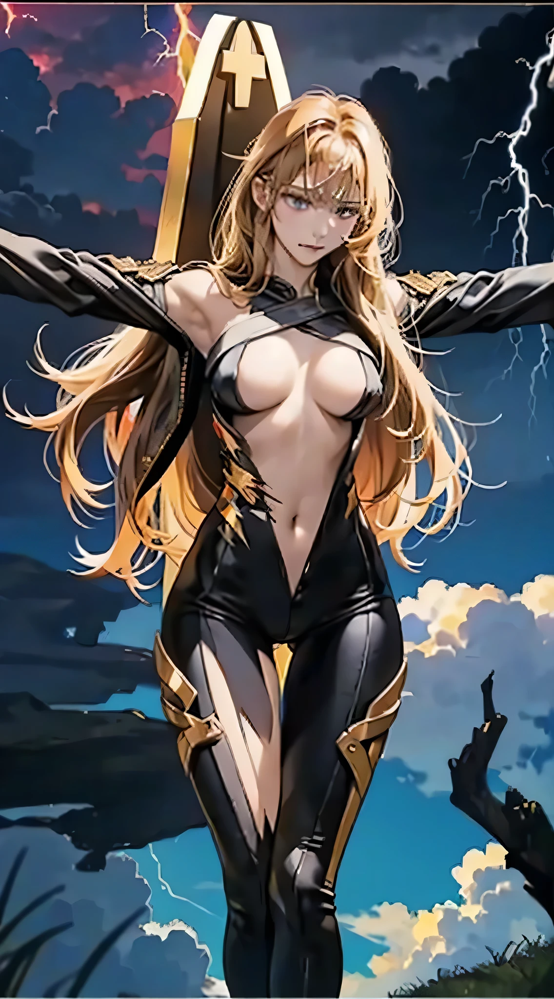 最high quality、Best image quality、masterpiece、With a girl((18-year-old))、((D-cup breasts with firmness))、Large bast、Golden Eyes、Spread your chest wide,Blonde long hair、Slender、Big Valley、Gold Bodysuit,Show the whole body、Open your arms、Tied to the cross、Gold ring on wrist、Shoots lightning from hands、Front View、torn clothing:1.5、high quality、Beautiful art、background((Night Sky、Black Cloud、lightning、Intense thunder、Lightning strikes、Red Thunder、Blue lightning、Gold Thunder)))Tabletop、Visual Arts、Depth of written boundary、Night Sky、Expressions of pain、Standing with legs wide apart、