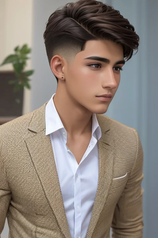 A 20 year old boy, piel morena, ropa elegante, cabello corto y muy apuesto