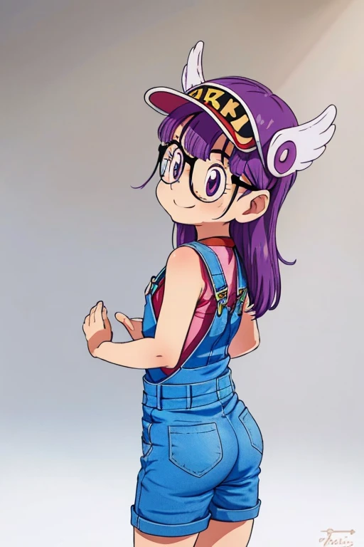 Norimaki Arale, Purple Hair, Round Lens, Sexy Body, low length，small_body, little_girl, midget, Very flat chest，Small Ass，Thin thighs，Full body image, Perfect Face, Big eyes, Perfect Eyes, Have, Tight clothing, Denim overalls，Perfect hands, Better lighting，Wing Hat, Wing Cover, With a smile, back view, spread ass, ass focus, ass zoom in,