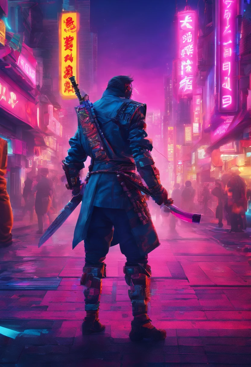 a Ronin ,samurai armor, japan steampunk city, holding katana, fight pose,city location, back view shot, fight stances, ultra realistic texture, photorealistic, hyperrealistic, depth of field, photography, iso 00, photography, -v 6.0-s 750, full body view, long afar shot, wide view