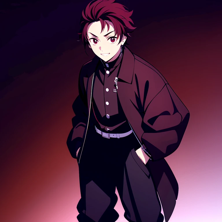 1boy, young, tall, lean, muscular, black to maroon hair, dark red eyes, black shirt, baggy black pants, sandals, baggy white jacket, hands in pockets, relaxed, happy, standing, illustrations, best quality, 4k, highres, realistic, portraits, vivid colors, warm tones, soft lighting