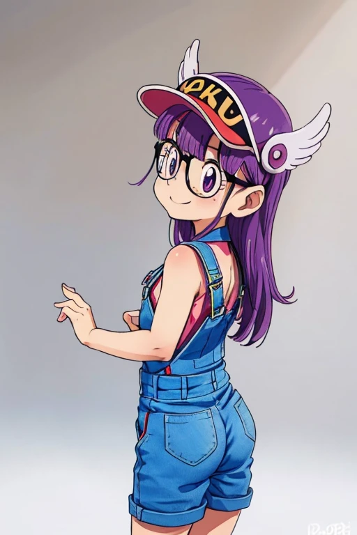 Norimaki Arale, Purple Hair, Round Lens, Sexy Body, low length，small_body, little_girl, little_child, midget, Very flat chest，Small Ass，Thin thighs，Full body image, Perfect Face, Big eyes, Perfect Eyes, Have, Tight clothing, Denim overalls，Perfect hands, Better lighting，Wing Hat, Wing Cover, With a smile, back view, spread ass, ass focus, ass zoom in,