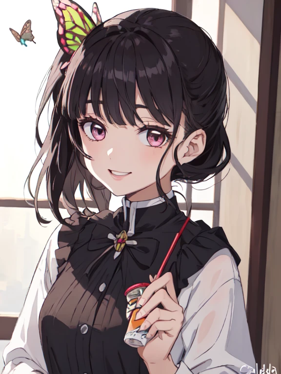 kanao tsuyuri, pelo negro, mariposa, mariposa hair ornament, (ojos morados:1.1), side cola de caballo, cola de caballo, 
black falda, , pleated falda, falda, capa blanca,
(mejor calidad, obra maestra, foto cruda,ultra detallado:1.2), 1 chica,solo,mirando al espectador,sonrisa