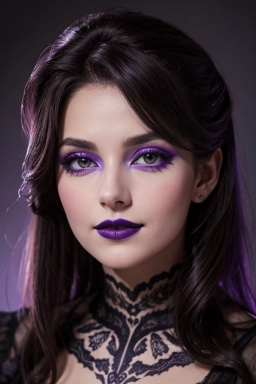 Jeune femme de 25 ans, visage fin, cheveux long, yeux marrons, HD, 8K, masterpiece, sourire romantique, sexy, mascara noir, maquillage noir, black lips, tenue gothique, vêtements noirs et violets, toile d'araignée en dentelle, cheveux noirs et violets, dans un manoir, bodypainting, purple paint, dracula, orage, moon light