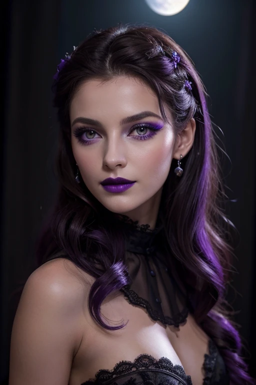 Jeune femme de 25 ans, visage fin, cheveux long, yeux marrons, HD, 8K, masterpiece, sourire romantique, sexy, mascara noir, maquillage noir, black lips, tenue gothique, vêtements noirs et violets, toile d'araignée en dentelle, cheveux noirs et violets, dans un manoir, bodypainting, purple paint, dracula, orage, moon light