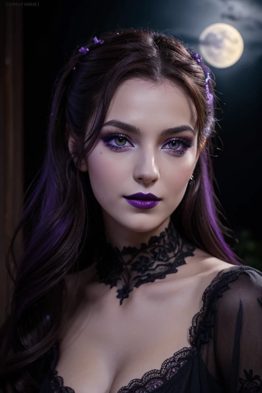 Jeune femme de 25 ans, visage fin, cheveux long, yeux marrons, HD, 8K, masterpiece, sourire romantique, sexy, mascara noir, maquillage noir, black lips, tenue gothique, vêtements noirs et violets, toile d'araignée en dentelle, cheveux noirs et violets, dans un manoir, bodypainting, purple paint, dracula, orage, moon light