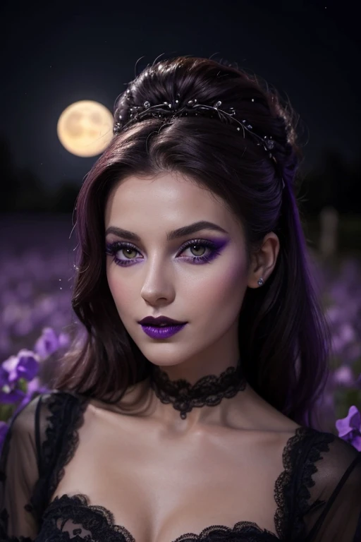 Jeune femme de 25 ans, visage fin, cheveux long, yeux marrons, HD, 8K, masterpiece, sourire romantique, sexy, mascara noir, maquillage noir, black lips, tenue gothique, vêtements noirs et violets, toile d'araignée en dentelle, cheveux noirs et violets, dans un manoir, bodypainting, purple paint, dracula, orage, moon light