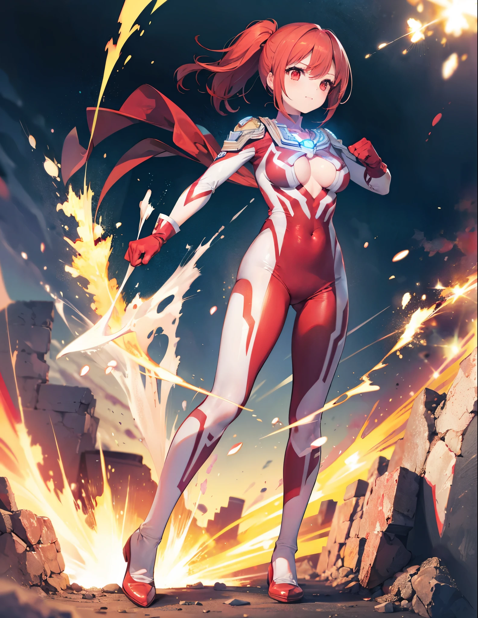 Realistic,highest quality, Ultra Detail, High-quality CG rendering, The most delicate and beautiful, Floating softly, High resolution, (1 girl), (Highest quality,4K,8K,masterpiece:1.2),(All red hair:1.5), (Short ponytail:1.5),(Red eyes:1.5), (Ultra Girl:1.0), (Red Ultraman bodysuit:1.4),(Slightly larger breasts:1.5),(Clenched Fist:1.2),(Red gloves:1.3),(Red Shoes:1.3) ,,(whole body:1.3)